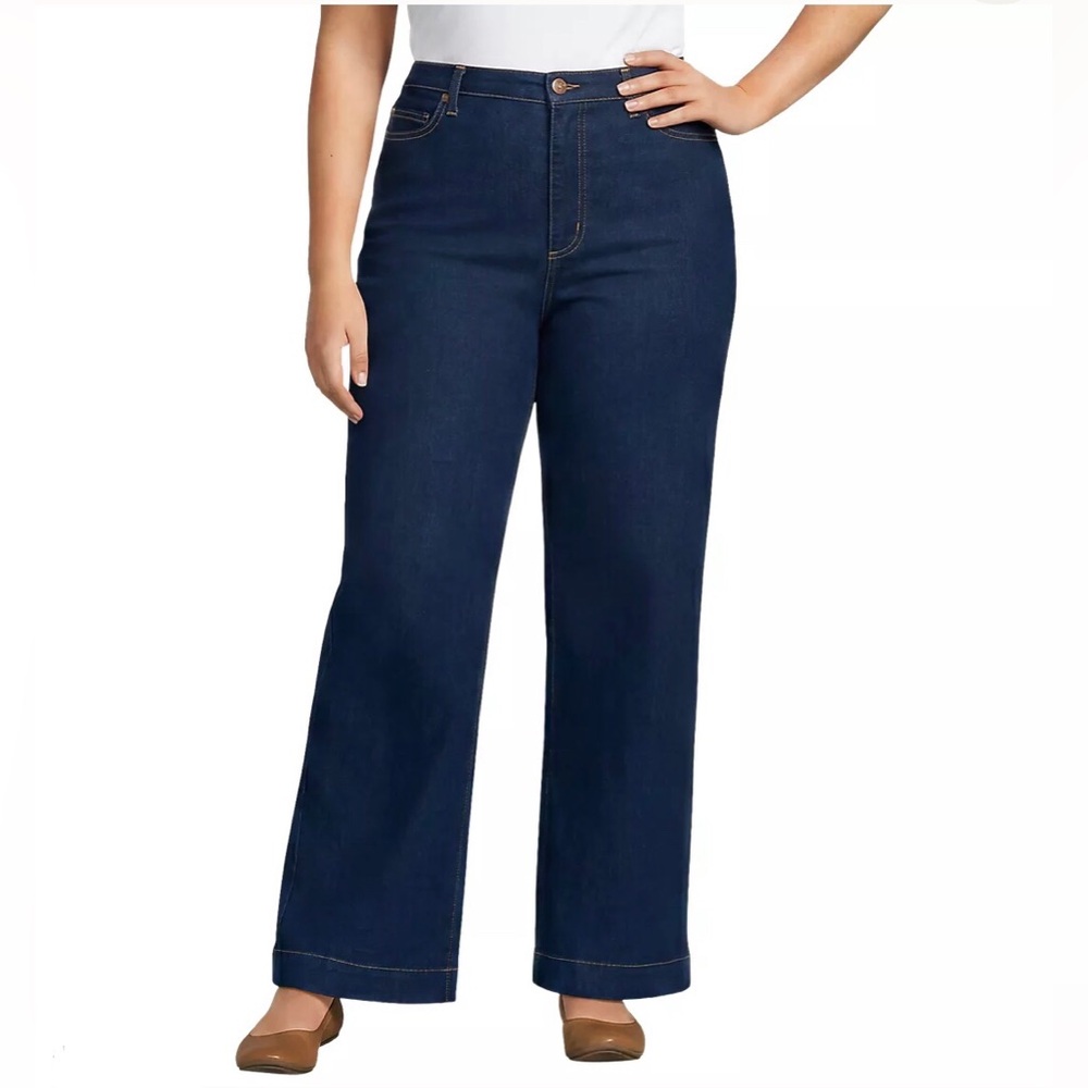 Lands' End Woman Wide Leg Dark Wash Jeans Pants High Rise Stretch 22W Plus NWT